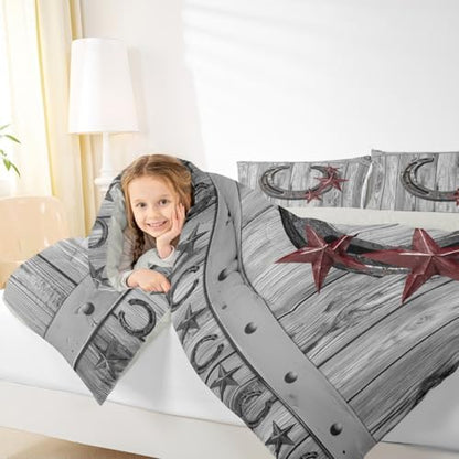 Castle Fairy Grey Rustic Barn Comforter Set Western Cowboy Horseshoe Bedding Set Queen Size for Kids Boys Adults Teens Room Decor Vintage Farmhouse Wooden Quilt Set Star Horseshoe Duvet Insert 3pcs