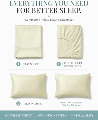 LANE LINEN 450TC Cotton Twin Sheets - Silky Smooth Sateen Weave, Ivory