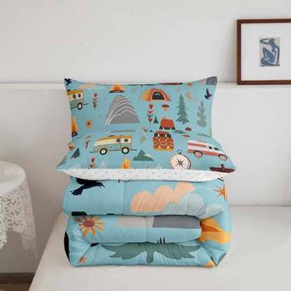 Feelyou Happy Camping Comforter Set for Kids Boys Girls Full Size Outdoor Themed Bedding Set Soft Travel Bag Tent Print Duvet Quilt Travel Trailers Comforter Camping Gifts Duvet Quilt