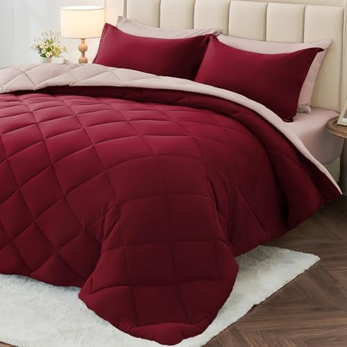 MUXHOMO 7 Pieces Oversized King Comforter Set, Reversible Bed in a Bag Oversized King Size, All Season Bedding Set with Comforter, Flat Sheet, Fitted Sheet, Pillowcases & Shams, Burgundy & Rose Gold