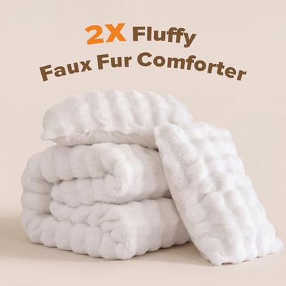 YIKUSH Full Faux Fur Soft Comforter Set, Fluffy White Rabbit Fur Comforter