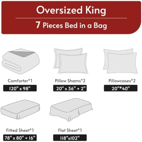 MUXHOMO 7 Pieces Oversized King Comforter Set, Reversible Bed in a Bag Oversized King Size, All Season Bedding Set with Comforter, Flat Sheet, Fitted Sheet, Pillowcases & Shams, Pink & Light Grey