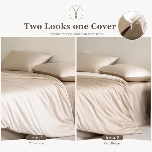 Queen Size Duvet Cover, 100% Egyptian Cotton,1600 Thread Count, Reversible Duvet Cover, Soft and Breathable Satin Bedding Set, All Seasons (Heather Oat Beige, 90"x90")