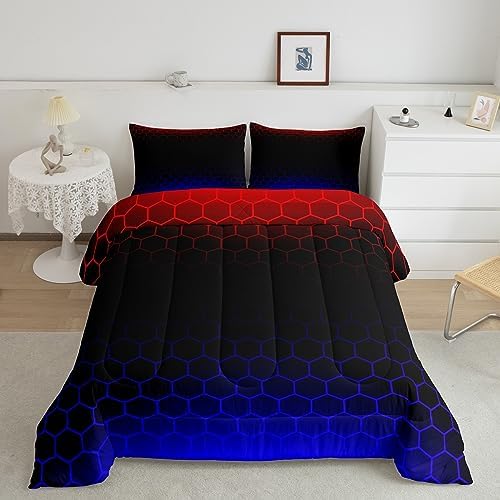 Red Blue Ombre Hexagon Comforter Full Size, Honeycomb Bedding Set Geometrics Hexagon Comforter Set for Kids Boys Girls Abstract Red and Black Duvet Set Bed Set 3Pcs