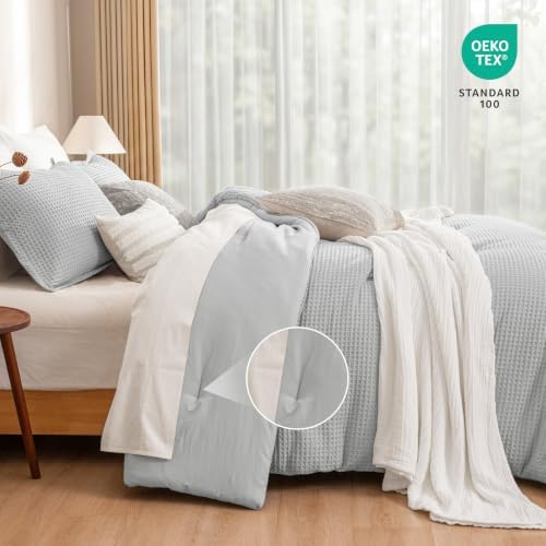 PHF Ultra Soft Waffle Comforter Set 3 Pieces King, Light Grey