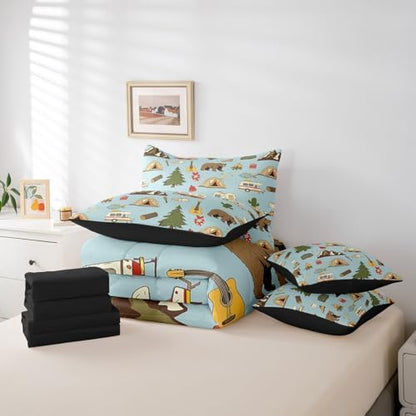 Erosebridal Camper 7 Pcs Bedding Sets for Travel Trailers Bunk,Happy Camping Comforter Set Queen Bed in a Bag for Kids Boys Girls,Pine Tree Bear Duvet Insert,Camper Accessories Travel Car Flat Sheet