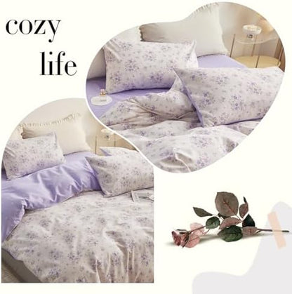 Purple Flower Duvet Cover Twin Soft Cotton Girls Floral Duvet Cover Garden Style Lavender Comforter Cover Vintage Purple Floral Bedding Set Aesthetic Botanical Comforter Cover with 2 Pillowcases