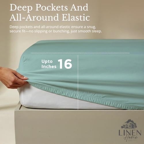 Linen Home 100% Cotton Percale Sheets King Size, Aqua Blue, Deep Pocket, 6 Pieces Set- 1 Flat, 1 Fitted and 4 Pillowcases, Crisp Cool and Long Staple Strong Bed Linen