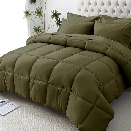 JOLLYVOGUE Queen Comforter Set, Ultra-Soft Bed in a Bag Queen Size 7 Pieces, Oeko-TEX Certified Bedding Set with Down Alternative Comforter, Sheets, Pillowcases & Shams, Olive Green