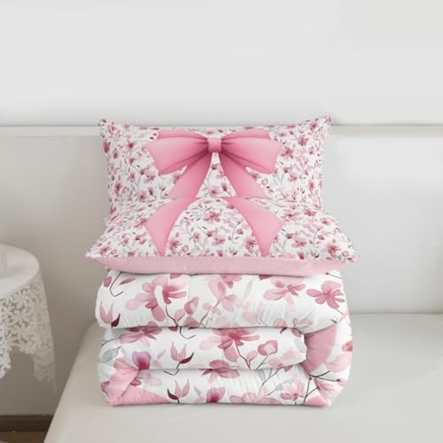 jejeloiu Girls Pink Bow Comforter Set Queen Size Bow Bedding Set for Kids Boys Girls Cute Bowknot Duvet Quilt Bedroom Decor Microfiber 3 Pcs with 2 Pillow Cases