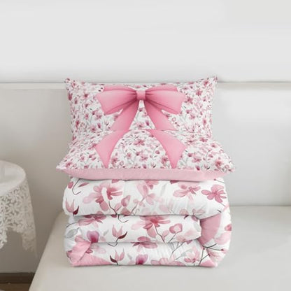 jejeloiu Girls Pink Bow Comforter Set Queen Size Bow Bedding Set for Kids Boys Girls Cute Bowknot Duvet Quilt Bedroom Decor Microfiber 3 Pcs with 2 Pillow Cases