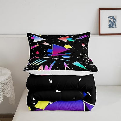 Manfei Memphis Comforter Set Twin Size, Colorful Geometric Abstract Bedding Set 2pcs for Kids Boys Girls, Retro 80s 90s Fashion Style Quilt Set Soft Polyester Duvet Set with 1 Pillowcase