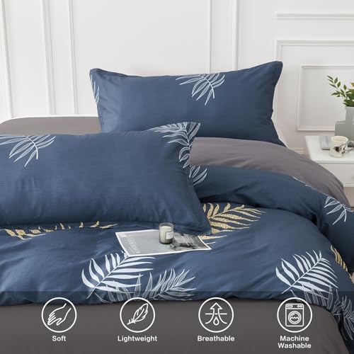 SAPHREAS Navy Blue Duvet Cover Set King Size 3pcs Monstera Leaf Tropical Leaves Cotton Bedding Comforter Cover Set 100% Cotton 1 Duvet Cover 2 Pillow Shams with Zipper