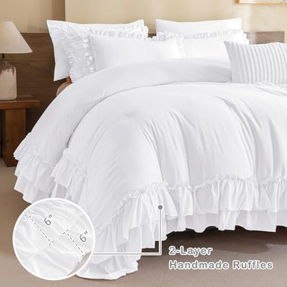 Masaca Ruffled Queen Comforter Set,Farmhouse Shabby Boho Chic Bedding Ultra Soft Fluffy French Country Ruffle Comforter Set 3-Piece (1 Bright White Comforter+2 Ruffle Pillow Shams)