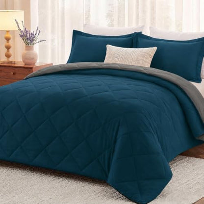 downluxe California King Comforter Set Soft Reversible 3 Pieces, Ocean/Gray