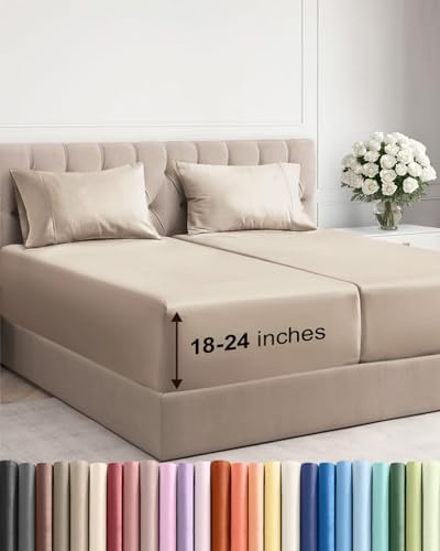 Extra Deep Split King Sheet Set - 5 Piece Breathable Cooling Sheets - Wheat