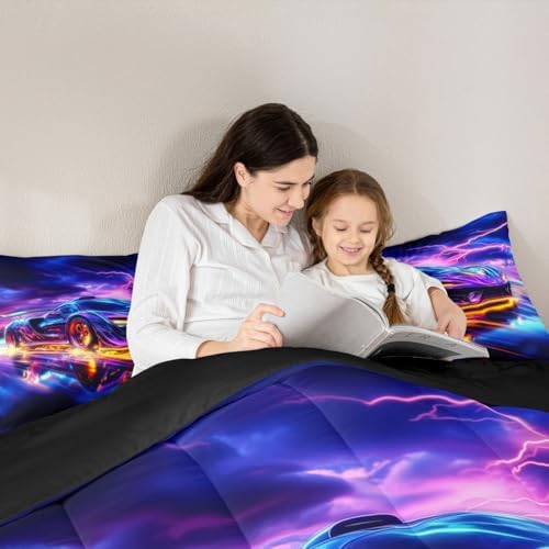 Erosebridal Rainbow Race Car Boy Queen Bedding Sets for Kids,Watercolor Tie Dye Aurora Car Comforter Set for Child Room Decor,Vintage Speed Racing Cars Comforter,Hot Pink Sports Racing Games Quilt