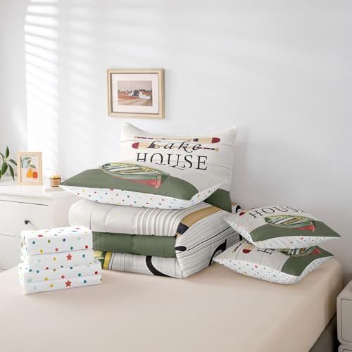 Erosebridal Lake House Decor 7 Pcs Bedding Set Queen,Rustic Farmhouse Style Comforter Set,Navy Green White Wood Grain Bed in a Bag,Retro Boat Paddle Sheet Set,Lake House Decor for The Home