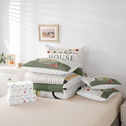 Erosebridal Lake House Decor 7 Pcs Bedding Set Queen,Rustic Farmhouse Style Comforter Set,Navy Green White Wood Grain Bed in a Bag,Retro Boat Paddle Sheet Set,Lake House Decor for The Home