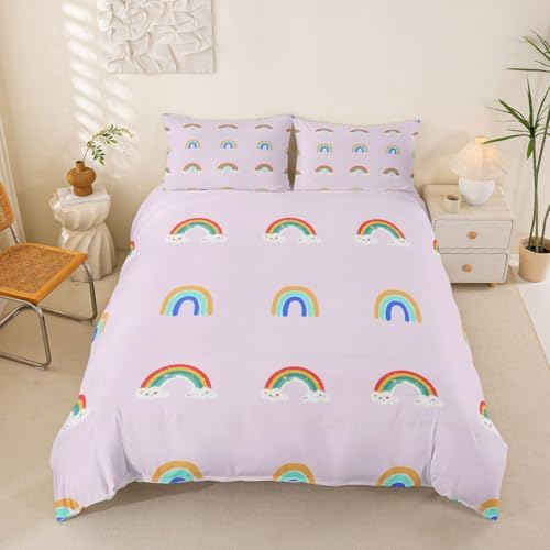 Rainbow Kids Bedding Set Full Carton Pattern Girls Children Duvet Cover 3 Pieces Soft Microfiber Cute Rainbow Pattern Comforter Cover Set for Boys Girls Teen Reversible Bedding Set with Zipper Ties