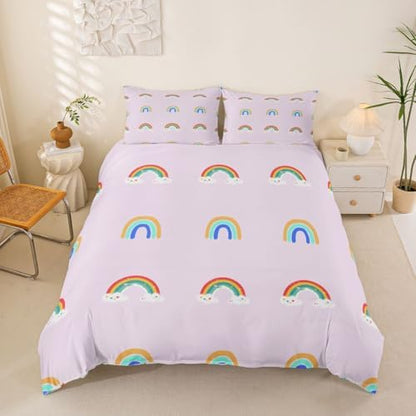 Rainbow Kids Bedding Set Queen Carton Pattern Girls Children Duvet Cover 3 Pieces Soft Microfiber Cute Rainbow Pattern Comforter Cover Set for Boys Girls Teen Reversible Bedding Set with Zipper Ties