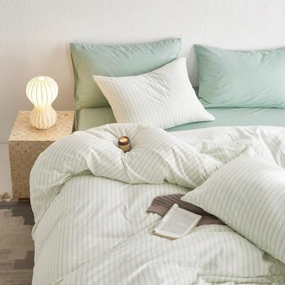 Wake In Cloud Striped Cotton Duvet Cover Set, Aqua White, Queen