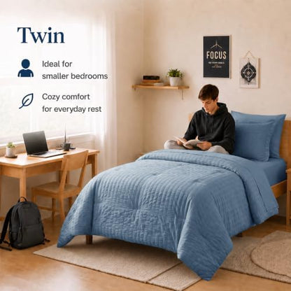 CozyLux Twin Comforter Set, 5 Pieces Grayish Blue Seersucker Bed in a Bag