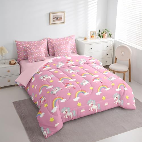 Erosebridal Cute Unicorn King Bed in A Bag 7 Piece Rainbow Unicorn Comforter Set with Sheets Dreamy Horse Printed Bedding Sets for Girls Teens Women,Magical Animal Decor Bed Set
