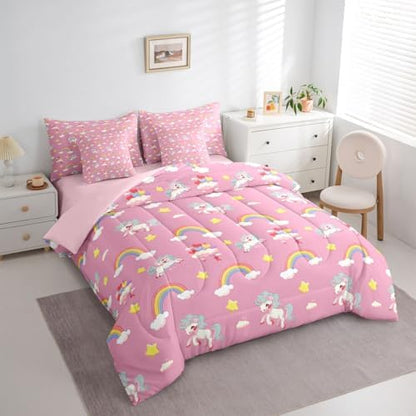 Erosebridal Cute Unicorn King Bed in A Bag 7 Piece Rainbow Unicorn Comforter Set with Sheets Dreamy Horse Printed Bedding Sets for Girls Teens Women,Magical Animal Decor Bed Set