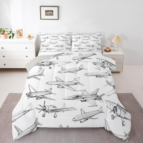 Homewish Airplane Comforter Set Queen Size Aircraft Bedding Set 3Pcs for Kids Girls Boys Teens Bedroom Decor Black White Sketch Print Quilt Set Flying Theme Duvet Insert,2 Pillowcases