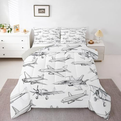 Homewish Airplane Comforter Set Queen Size Aircraft Bedding Set 3Pcs for Kids Girls Boys Teens Bedroom Decor Black White Sketch Print Quilt Set Flying Theme Duvet Insert,2 Pillowcases