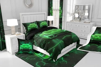 Feelyou Kids Race Car Bedding Set Queen Size,Green Neon Lights Extreme Sports Car Comforter Set,Boys Bedroom Room Decor,Geometric Hexagon Racing Car Comforter,Cool Car Bed Set for All Season