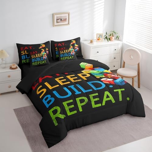 Feelyou Colorful Toy 7 Piece Bedding Set Teen Women Men Funny Building Blocks Decoration Comforter Set with Sheets King Size Kids Boys Cute Games Bed in a Bag Colorful Geometric Brick Room Decor