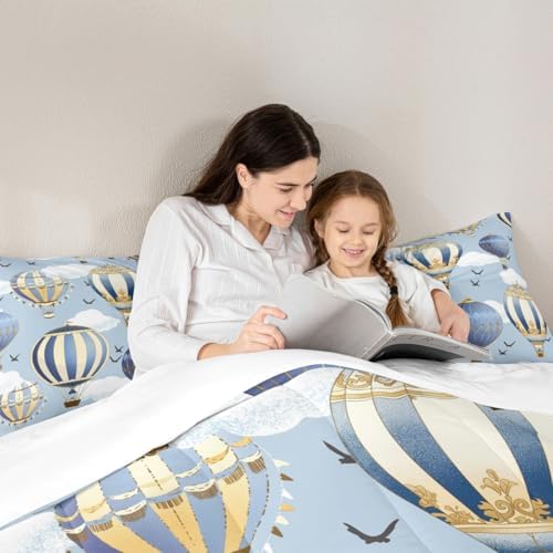 Hot Air Balloon Comforter Set Full Size,Sky Bird Bedding Sets 3pcs for Kids Boys Girls Teens Room Cover,Adventure Games Themed Duvet Insert Sets Romantic Blue Quilted Duvet Set with 2 Pillowcases