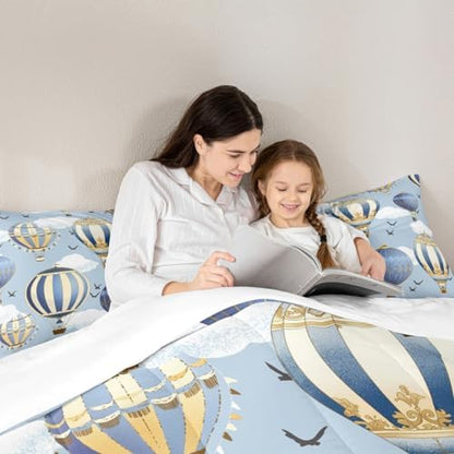 Hot Air Balloon Comforter Set Full Size,Sky Bird Bedding Sets 3pcs for Kids Boys Girls Teens Room Cover,Adventure Games Themed Duvet Insert Sets Romantic Blue Quilted Duvet Set with 2 Pillowcases