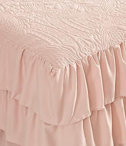CHIXIN Ruffle Skirt Bedspread King Size - 30" Long Drop, Shabby Chic Style, Lightweight Bedding Cover, 3 Piece Set, Chic Layers, Pink