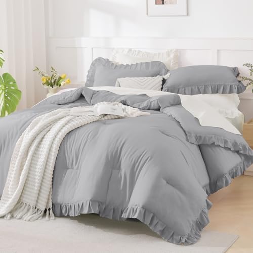 Andency Silver Gray Ruffle Comforter Twin XL, 2 Pieces Solid Farmhouse Bed