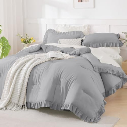 Andency Silver Gray Ruffle Comforter Twin XL, 2 Pieces Solid Farmhouse Bed
