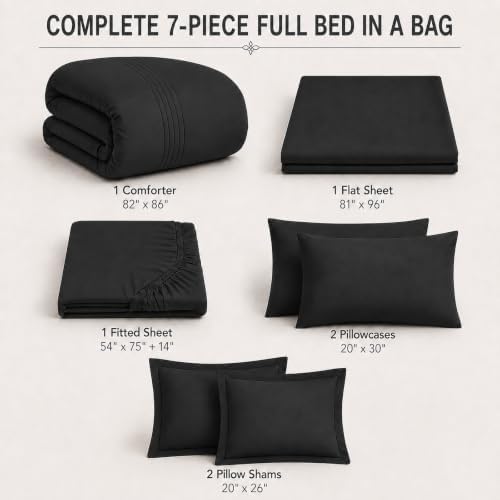 Full Size Comforter Sets Black, 7 Pieces Bed in a Bag Bedding Set