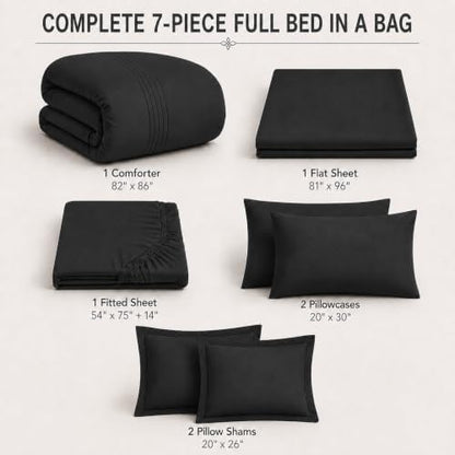 Full Size Comforter Sets Black, 7 Pieces Bed in a Bag Bedding Set
