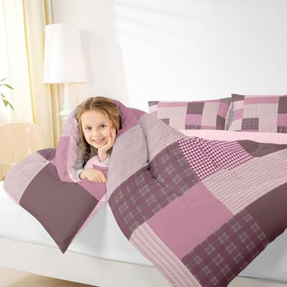 jejeloiu Plaid Bedding Set Soft for Boys Girls, Patchwork Comforter Set Toddler Size Check Checkered Duvet Quilt Microfiber Grid Geometric Bedroom Decor 2 Pcs with 1 Pillow Cases