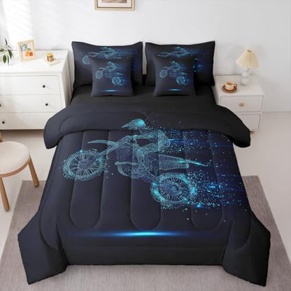 Erosebridal Boy Dirt Bike Comforter Set Motocross Rider Bed in A Bag Twin Size 7 Pieces Motorbike Sport Game Bed Set Room Decor Motorcycle Bedding with Sheets
