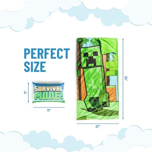 Jay Franco Kids Slumber Bag and Pillow - 54 x 27 Inch Comfy Indoor Sleeping Bag for School and Sleepovers, 2 Piece Set, Green - Minecraft