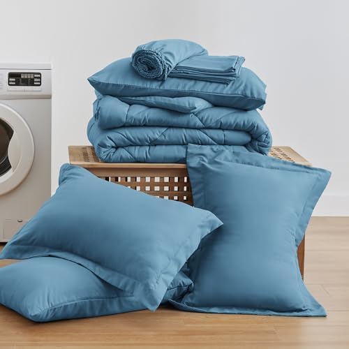 Love's cabin Oversized Queen Comforter Set, 7 Pieces Bed in a Bag, All Season Bedding Sets with 1 Comforter, 1 Flat Sheet, 1 Fitted Sheet, 2 Pillowcase and 2 Pillow Sham, Misty Blue