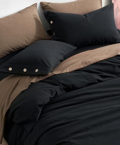 JELLYMONI 100% Washed Cotton Black Duvet Cover Twin, Linen-Like
