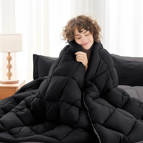 MUXHOMO 7 Pieces Oversized King Comforter Set, Reversible Bed in a Bag Oversized King Size, All Season Bedding Set with Comforter, Flat Sheet, Fitted Sheet, Pillowcases & Shams, Black & Soot