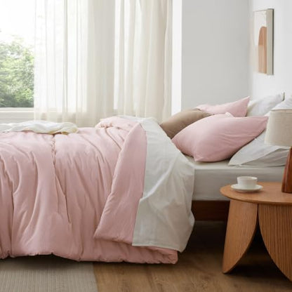 Bedsure PureWoven Cotton Comforter Set Prewashed, Queen, Light Pink