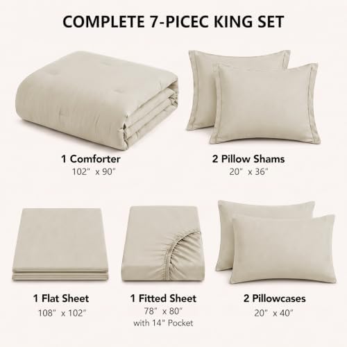 HIMEET King Comforter Set, 7-Piece Point-Quilted Bed in a Bag, Beige