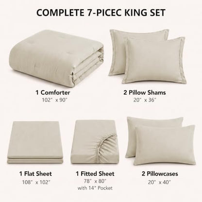 HIMEET King Comforter Set, 7-Piece Point-Quilted Bed in a Bag, Beige