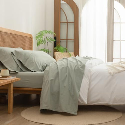 BESTOUCH Cal King Washed Cotton Linen Feel Sheet Set 4 Pcs Sage Green